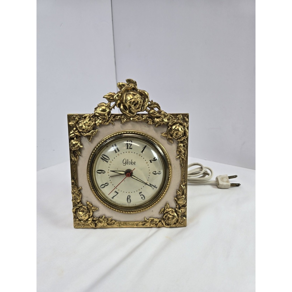 Vintage Globe Electric Alarm Clock Ornate Gold Rose Floral Mantel Boudoir Decor